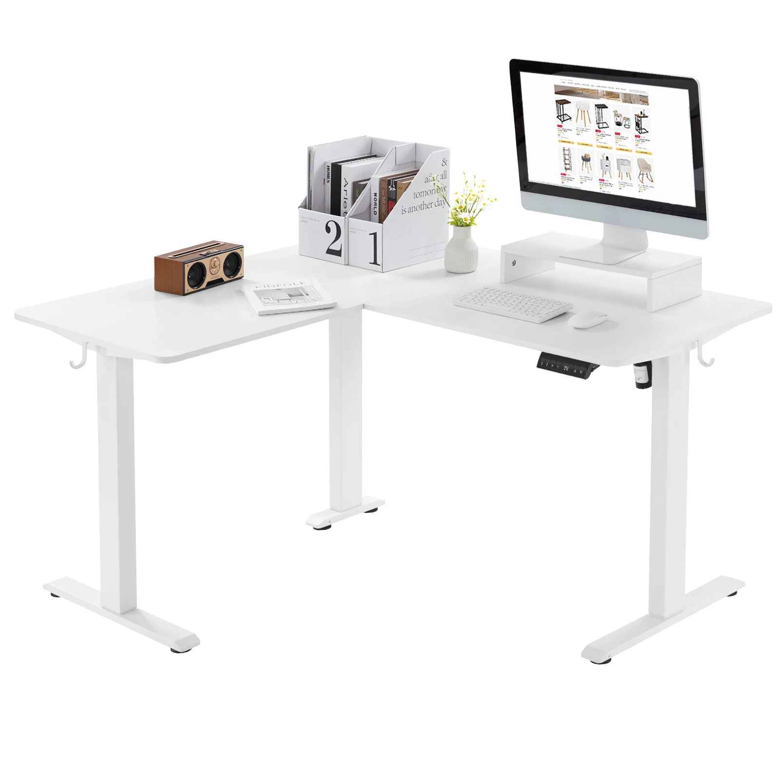 Tavolo angolare elettrico da scrivania Sit Stand a forma di L 140x120 cm Scrivania per computer regolabile in altezza con 4 controlli di memoria Supporto per monitor