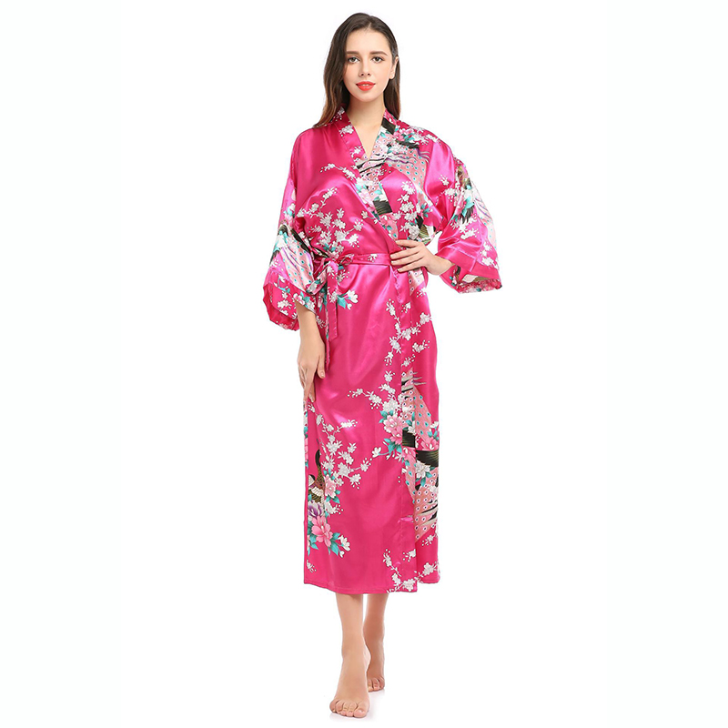 Batas tipo kimono de satén de seda para mujer, ropa de dormir larga, bata con estampado Floral de pavo real, albornoz para fiesta, boda, dama de honor