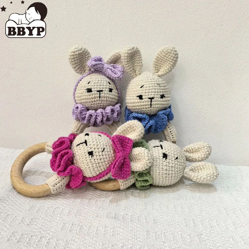 1pc Safety Wooden Baby Teether Crochet Cartoon Long Ear Bunny Baby Rattler Mobile Crib Rattle Bell Newborn Handbell Teething Toy