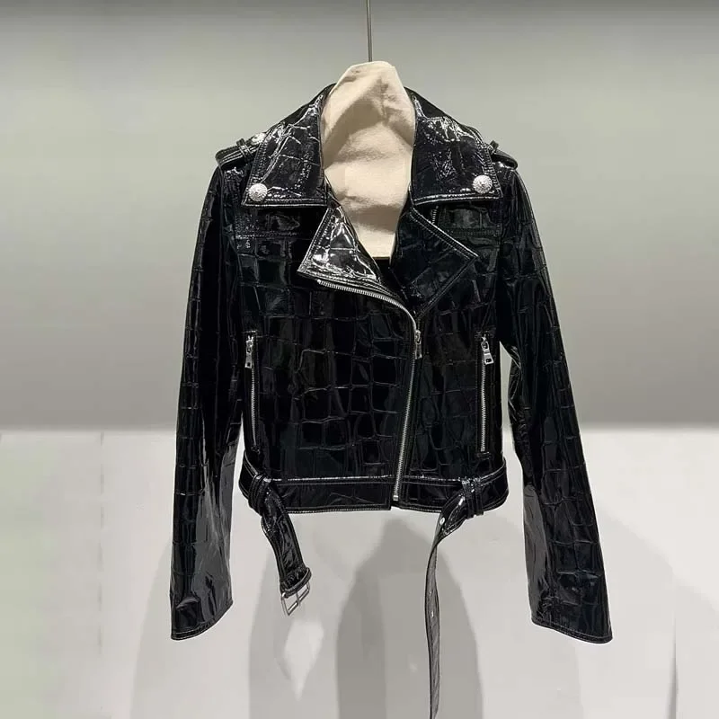 Abrigo de mujer primavera Moto & Biker chaqueta de cuero genuino con cinturón longitud corta Aurora ropa de piel de oveja moda y lujo