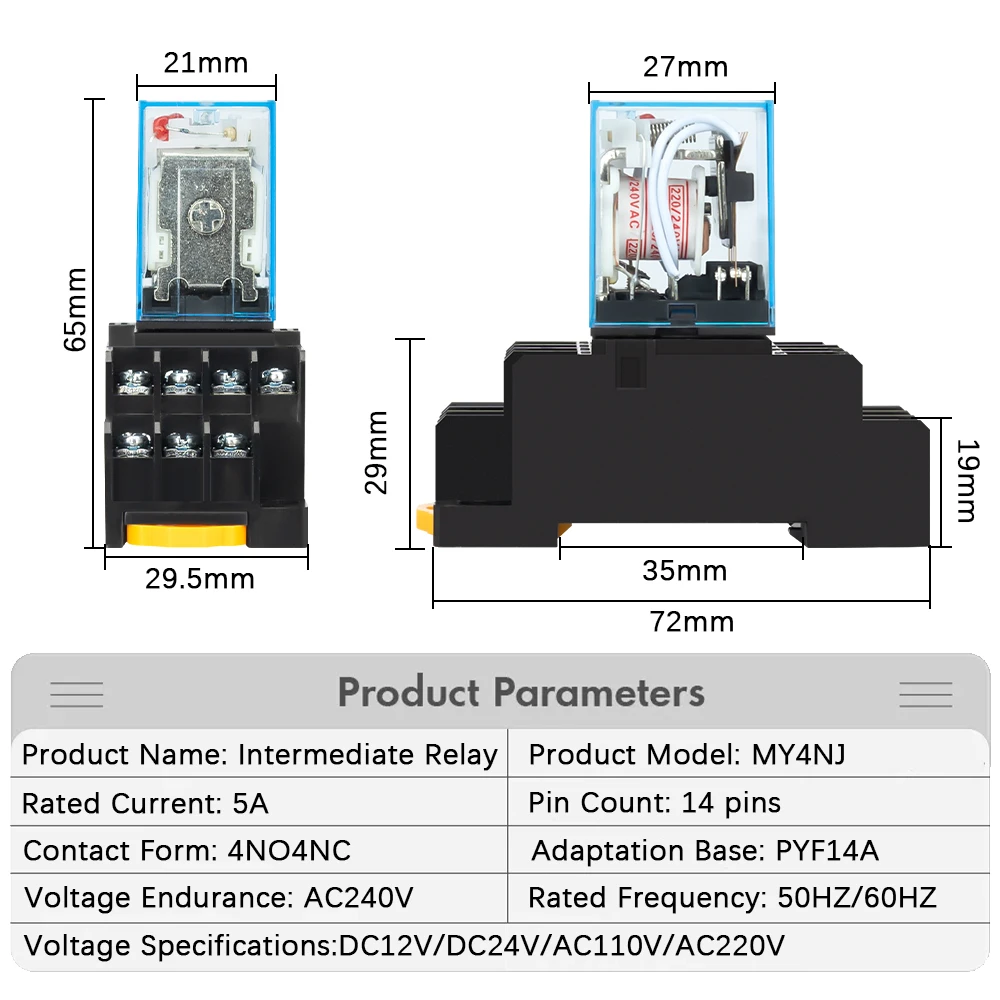 MY2NJ MY4NJ carril DIN pequeño relé electromagnético bobina relé de potencia DC12V DC24V AC110V AC220V con Base de enchufe 2NO 2NC