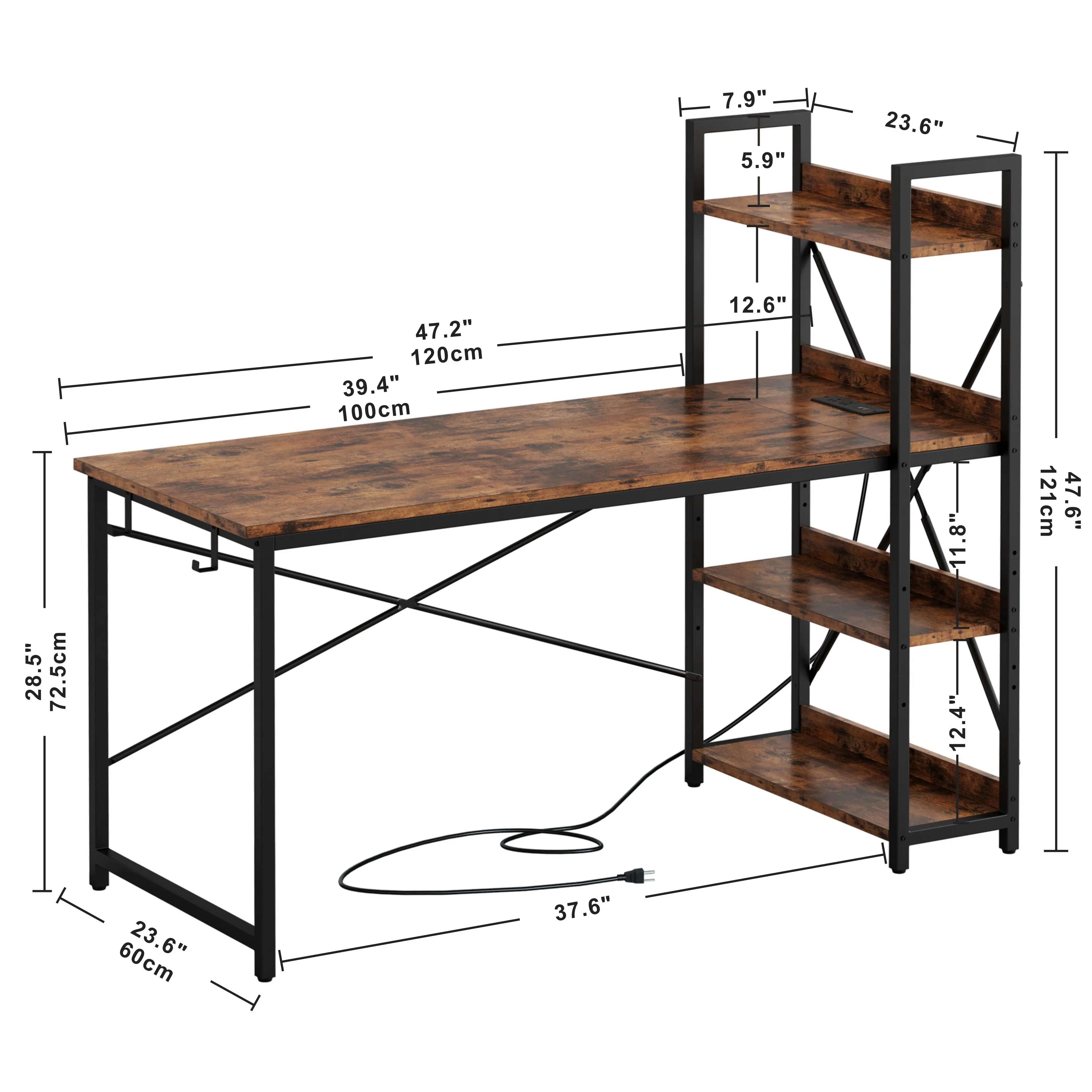 IRONCK Computer Desk 47" with Power Outlet & Storage Shelves, Study Writing Table with USB Ports Charging Station