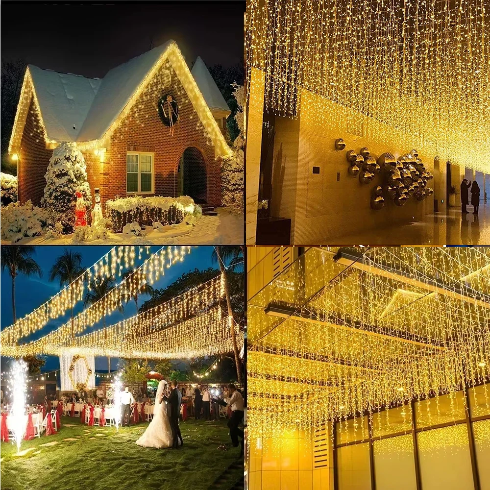 ตกแต่งคริสต์มาสสําหรับกลางแจ้ง LED Curtain Icicle String Light Street Garland บนบ้านฤดูหนาว 2025 รอมฎอนตกแต่ง