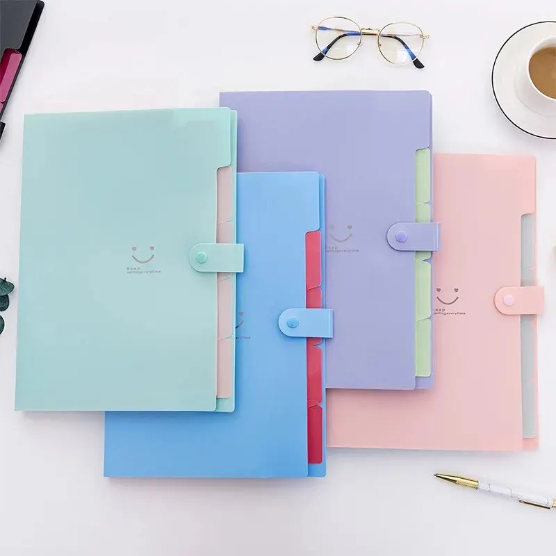 Cartella multistrato A4 Borsa per documenti Colore caramella Borse per organi a cinque griglie Grande capacità Coreano Semplice Materiale scolastico per ufficio Cancelleria