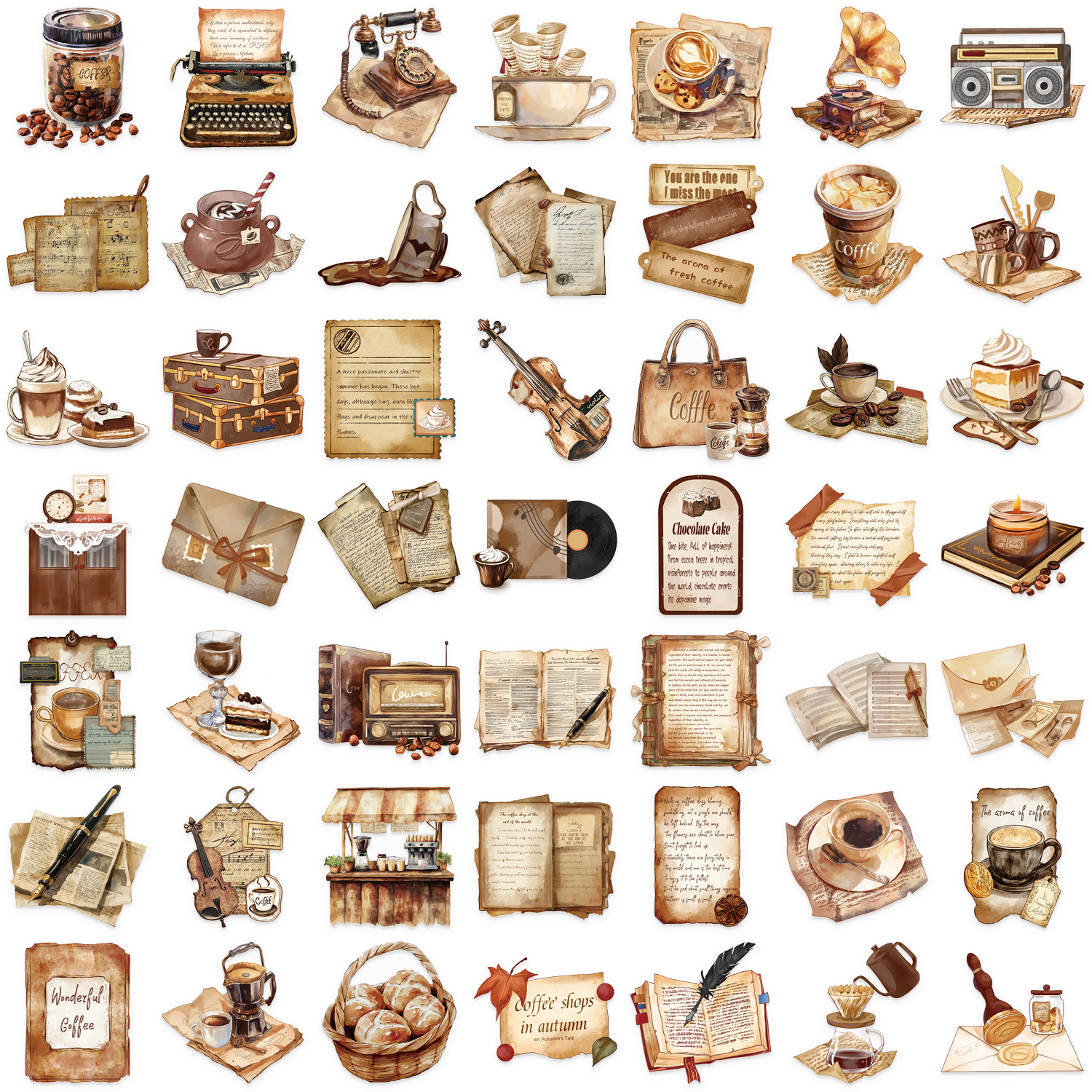 50 pçs retro café dos desenhos animados graffiti adesivos skate garrafa de água notebook telefone móvel brinquedo decalque adesivo pet decoração