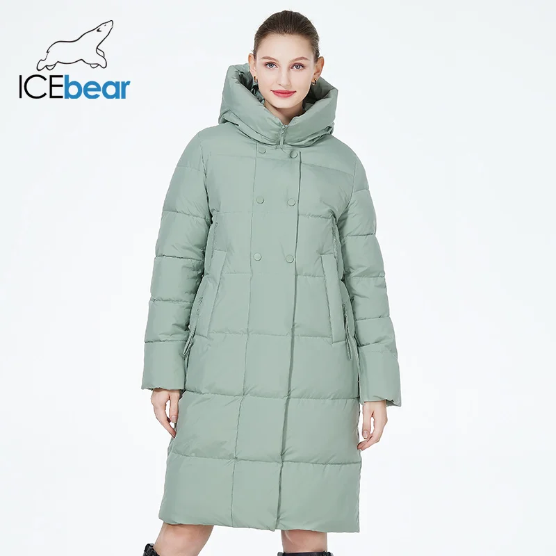ICEbear-Chaqueta de Invierno para mujer, abrigo largo de algodón con doble botonadura, a prueba de viento, con capucha, GWD3935I, novedad de 2023