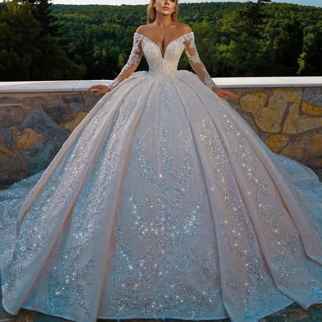 Customized V-Neck Lace Wedding Dresses Off The Shoulder Long Sleeve Shiny Beaded Sequins Princess Ball Gown Vestidos De Novia