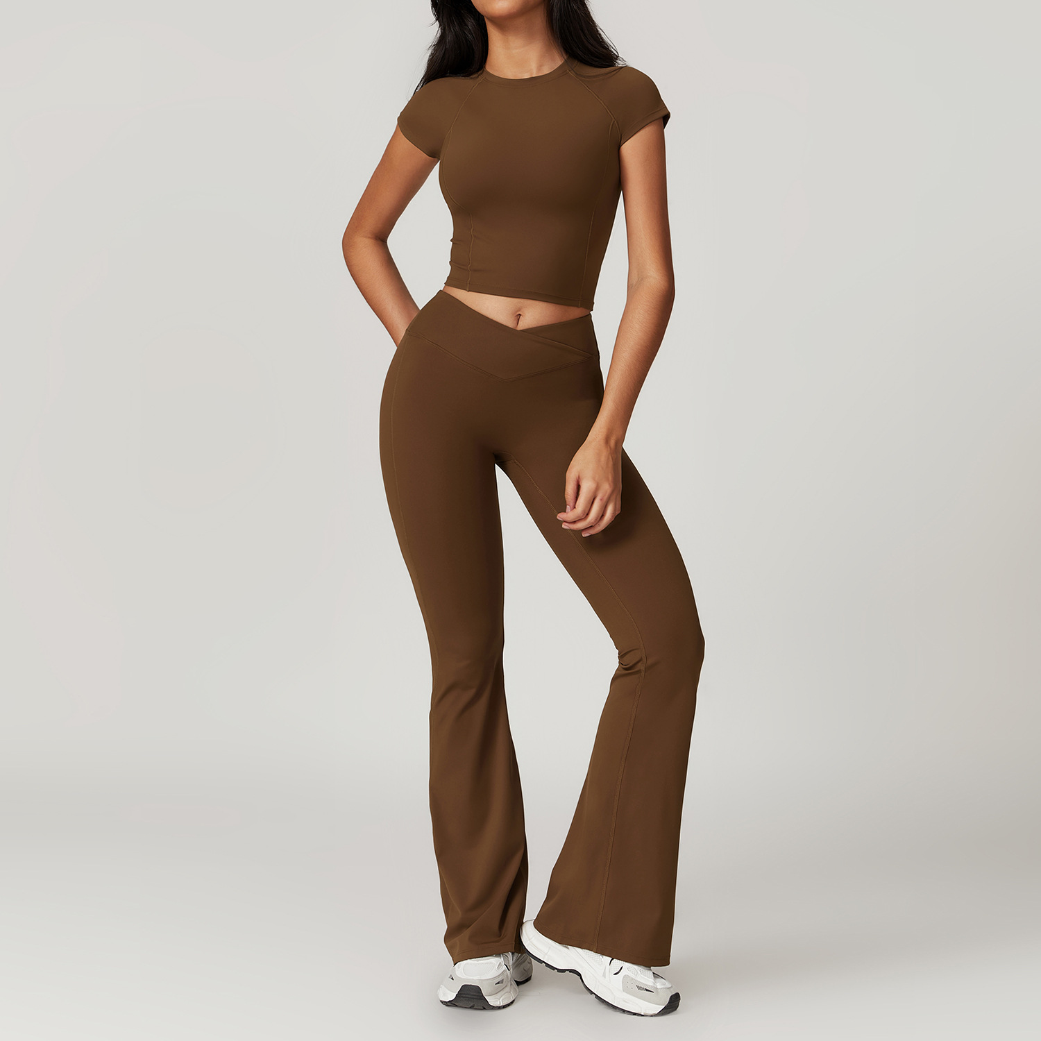 Traje de Yoga para gimnasio para mujer, conjunto deportivo ajustado, camisetas transpirables de entrenamiento, sujetador, Top corto de manga corta, pantalones acampanados, 2 uds.
