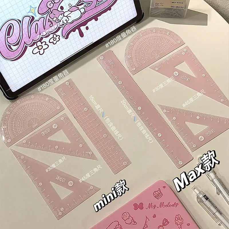 4Pcs Simple Transparent 20cm Ruler Set Student Triangle Ruler Protractor Drawing Tool Set Multi-functional Office Stationery