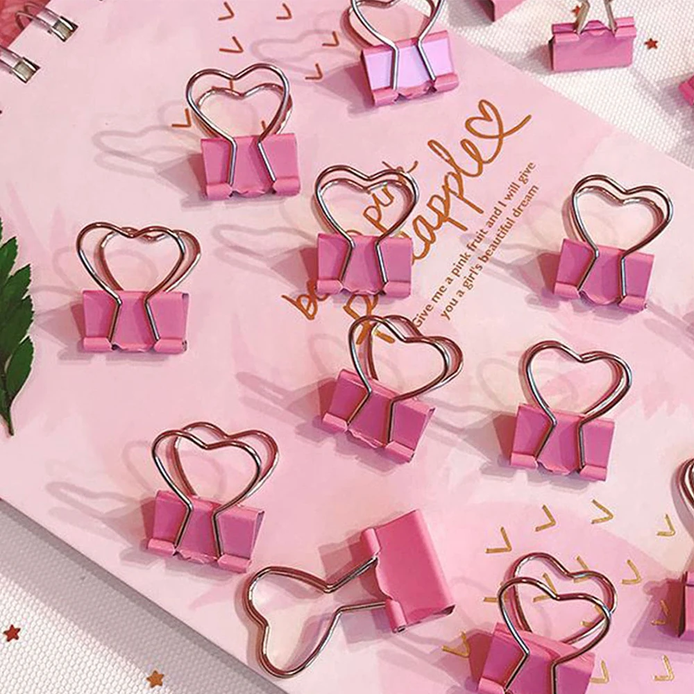 3Pcs Heart Pink Binder Clip Heart Shape Handle Metal Paper Clips  for Office School Home Supplies