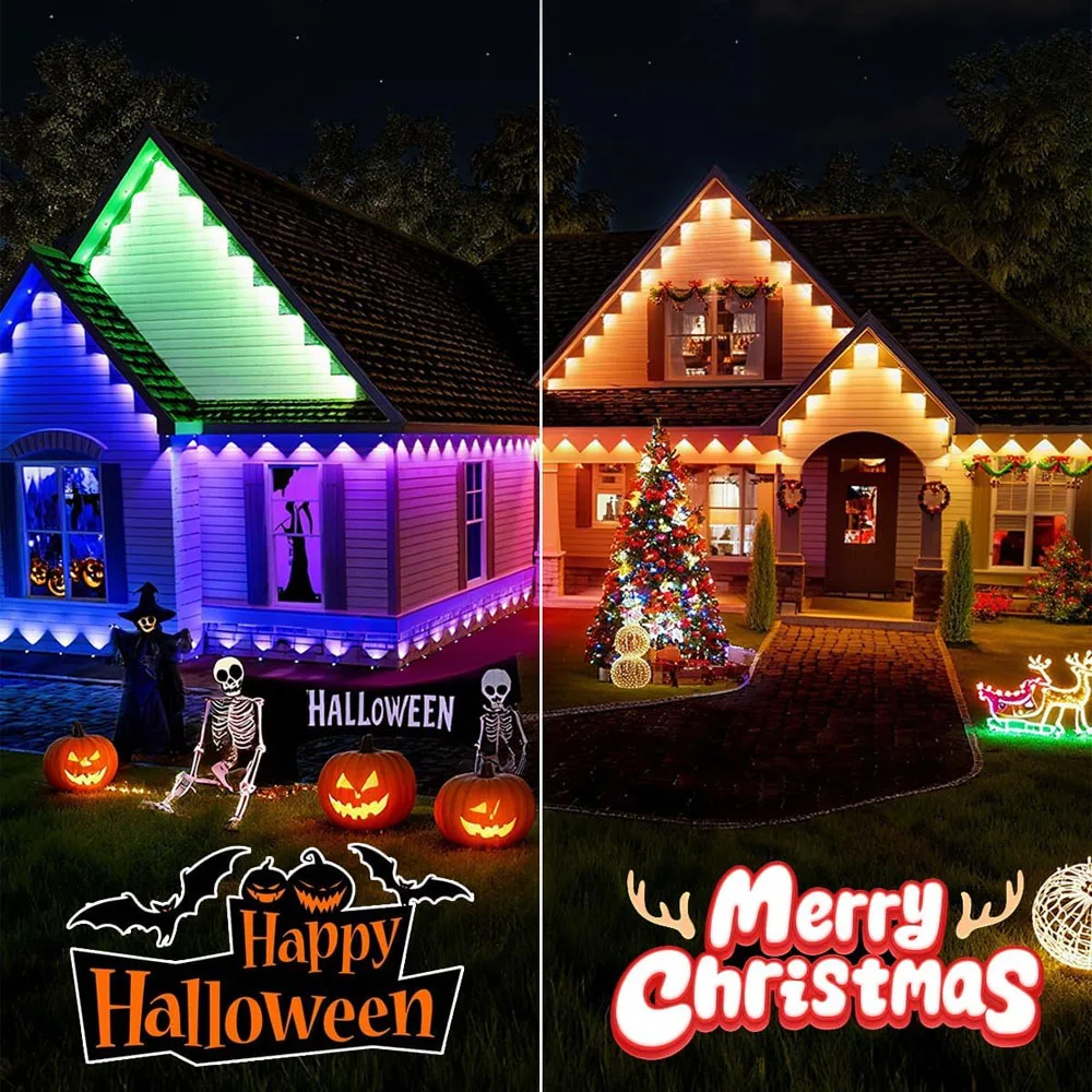 Luces de alero RGB inteligentes de 60M, aplicación remota IP67, cadena de luces LED permanentes para exteriores, iluminación DIY para el hogar, Año Nuevo, Navidad y cumpleaños