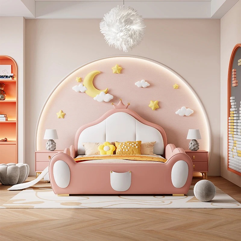 Children's Guardrail Princess Bed Soft Package Guardrail Bed Modern Simple 1.35 M Single with Slide Baby Beds Camas Para Niños