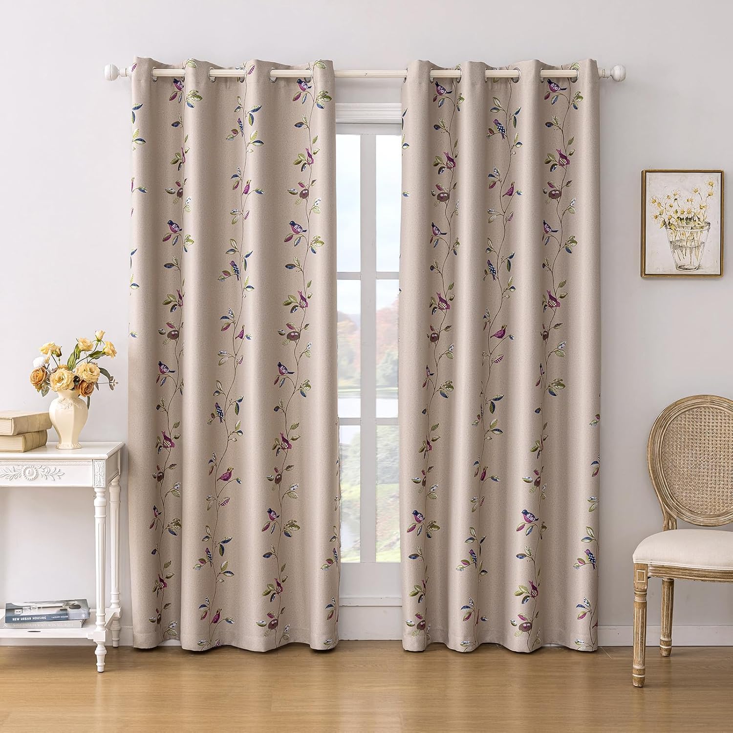 Cortinas opacas con patrón de pájaros de doble cara para sala de estar, estampado floral, vid, granja, oscurecimiento de habitac