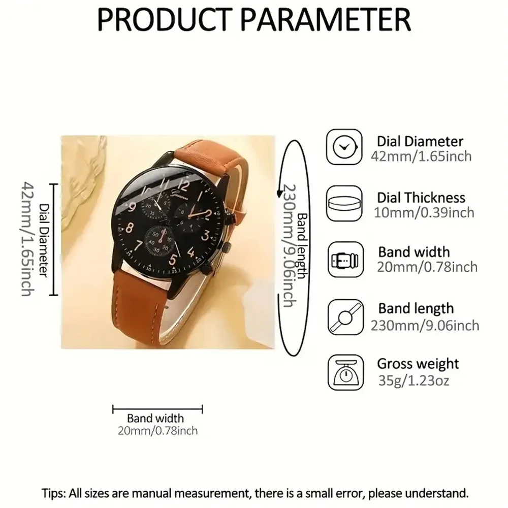 4 peças! Conjunto de relógio de quartzo da moda masculina com pulseira de couro sintético marrom e pulseira simples - exibição de data, sem à prova d'água, zinco Al