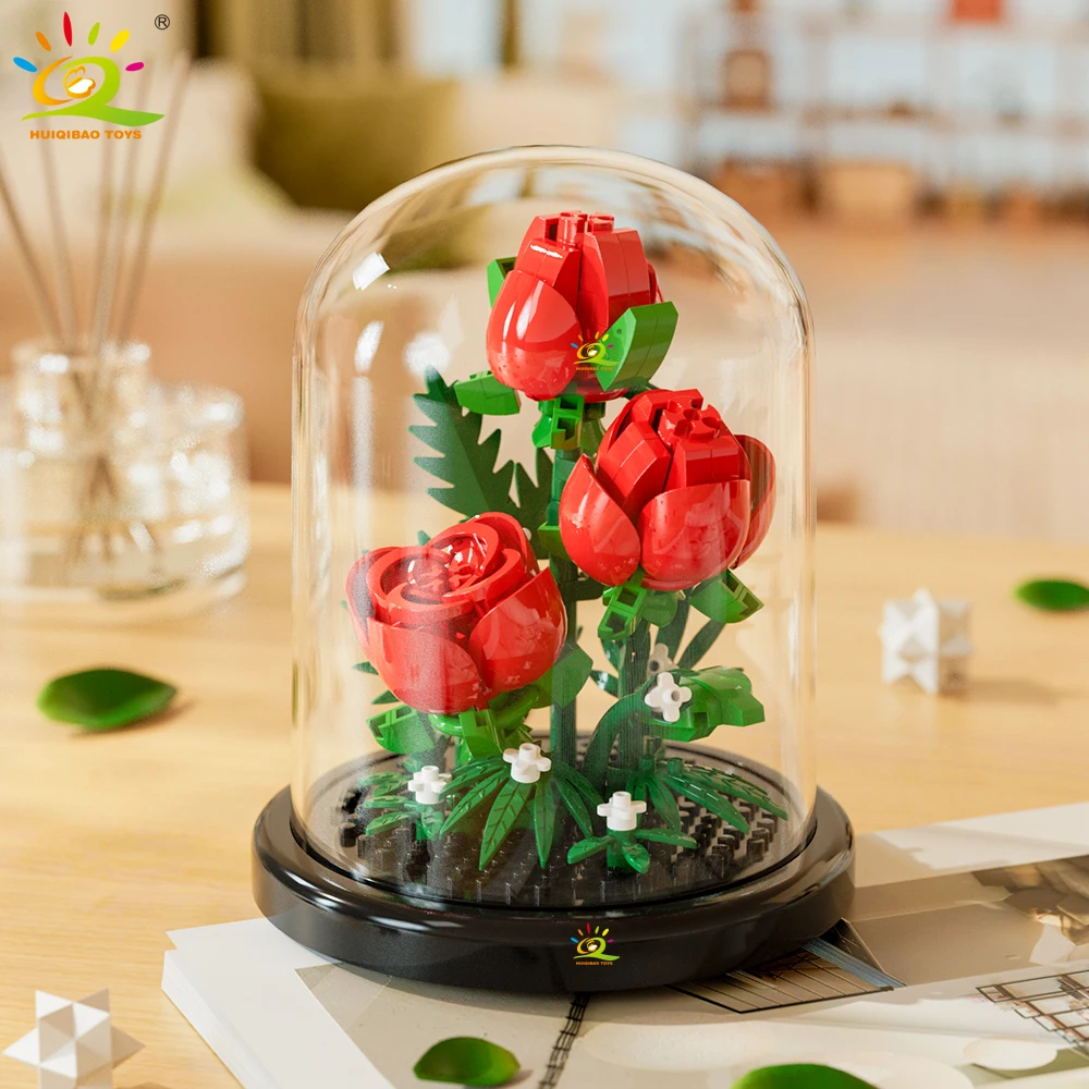 HUIQIBAO MOC Eternal Bouquet กล่อง Micro Building Blocks ดอกไม้ DIY หน้าแรกพืชตกแต่งอิฐของเล่นสําหรับ Childre