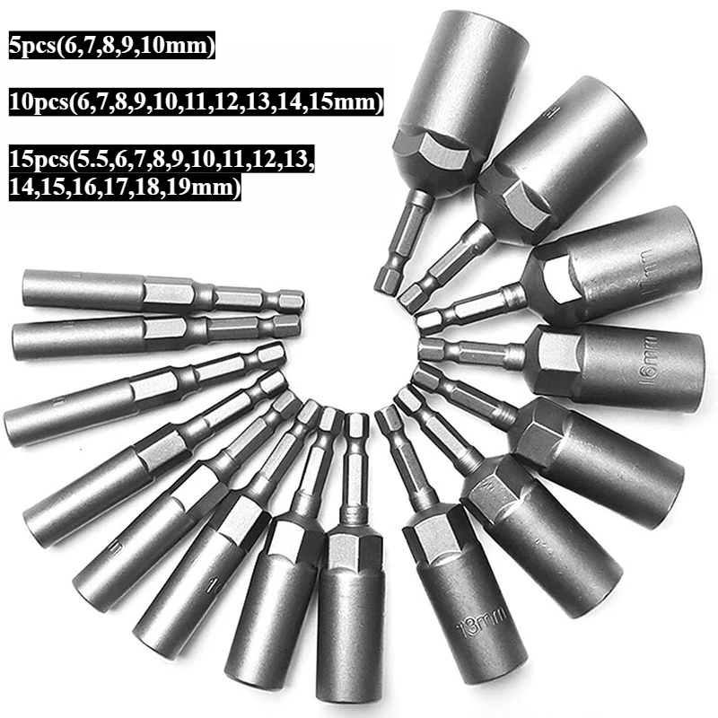 5/10/15 Pz 80mm Approfondisci Power Nut Driver Set di punte da trapano 5.5-19MM Adattatore per presa a impatto per utensili elettrici 6.35MM Codolo esagonale