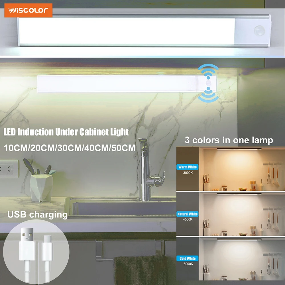 Luci del sensore di movimento della luce notturna della camera da letto Luci USB senza fili sotto l'armadio per l'illuminazione dell'armadio del guardaroba della camera da letto del bagno della cucina