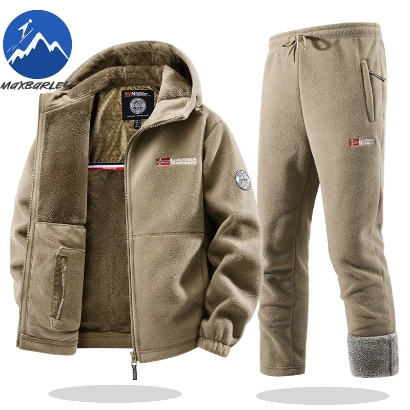 Maxbarley Winter-Sportbekleidungsset für Herren, Retro-Training, dicke Fleecejacke + Hose, zweiteiliges Set, lässiger Ski-Lauf-Trainingsanzug