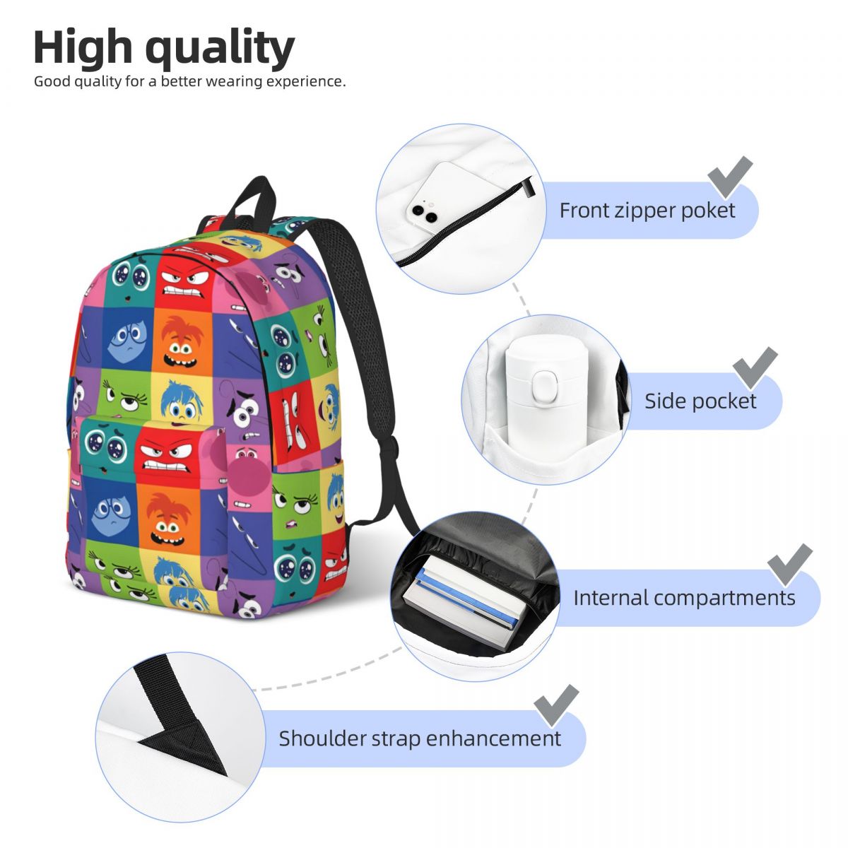 Inside Out Character Face Backpack for Kindergarten Primary School Student Cartoon Bookbag Boy Girl Kids Daypack Gift