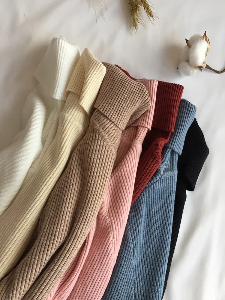 Jesienno-zimowy gruby sweter damski sweter z dzianiny prążkowany sweter z długim rękawem z golfem wąski sweter miękki ciepły Pull Femme