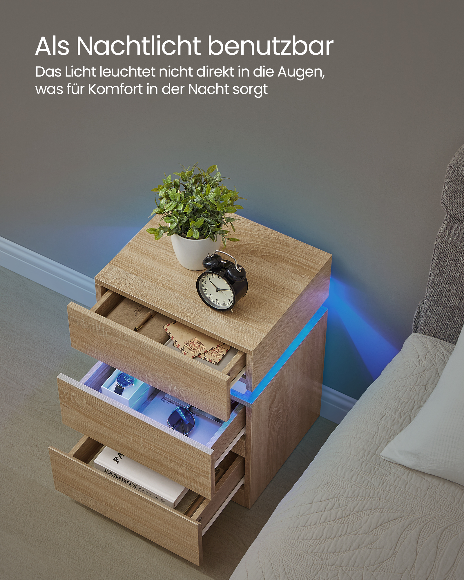 Vasagle Nachtkastje (1-st), Met Led-Verlichting, Verstelbare Kleuren