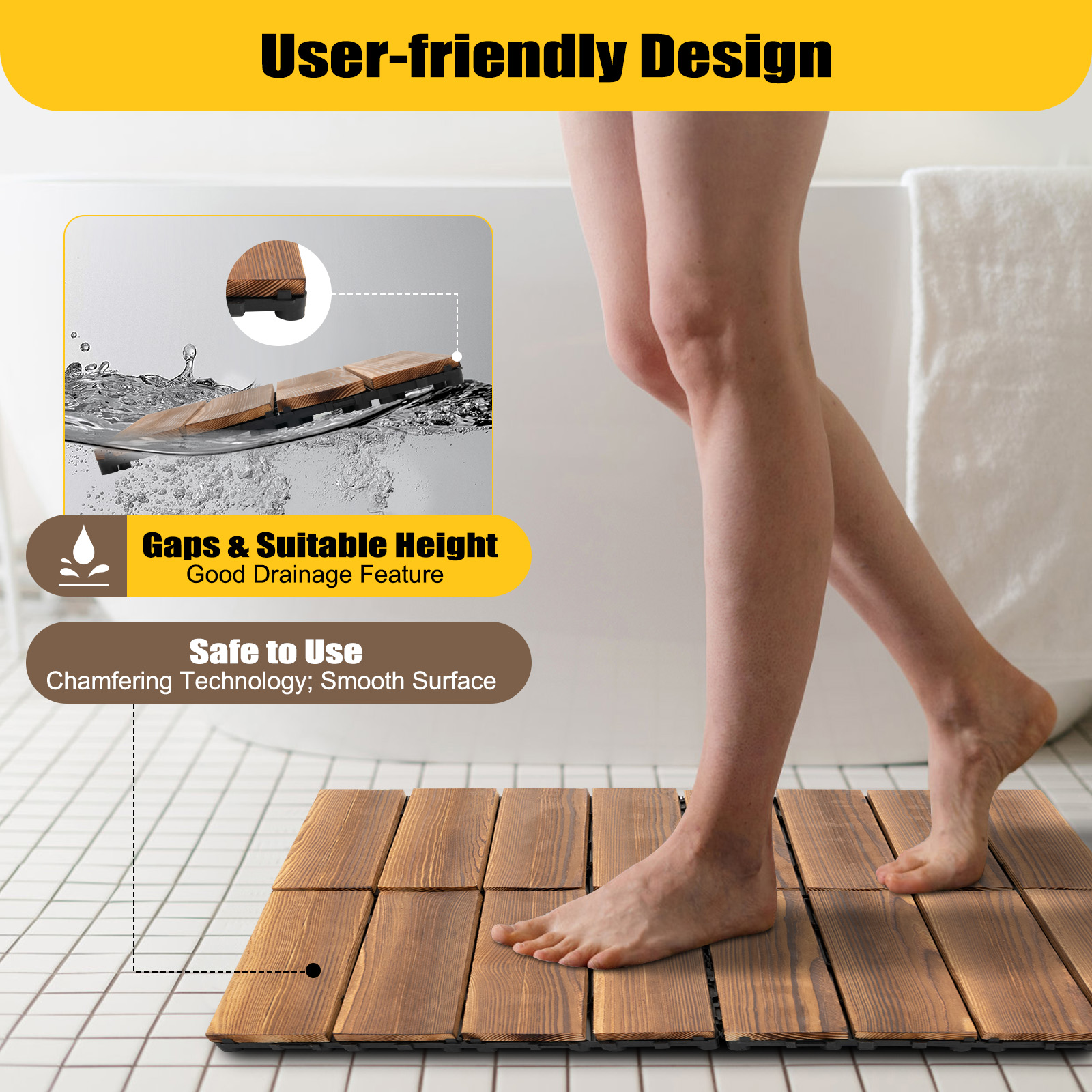 36Pcs Hardwood Interlocking Patio Deck Tiles Wood Interlocking Flooring Tiles 12" × 12" Interlocking Tiles Outdoor Waterproof