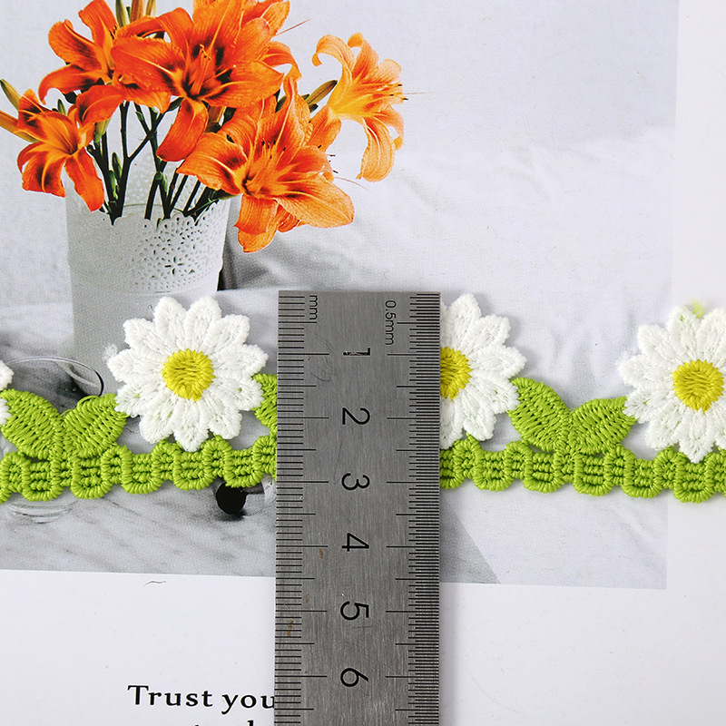 Solúvel em água do laço do bordado da seda do leite, bordado verde do girassol, roupa e acessórios do cabelo, decoração home, 2 jardas, novo