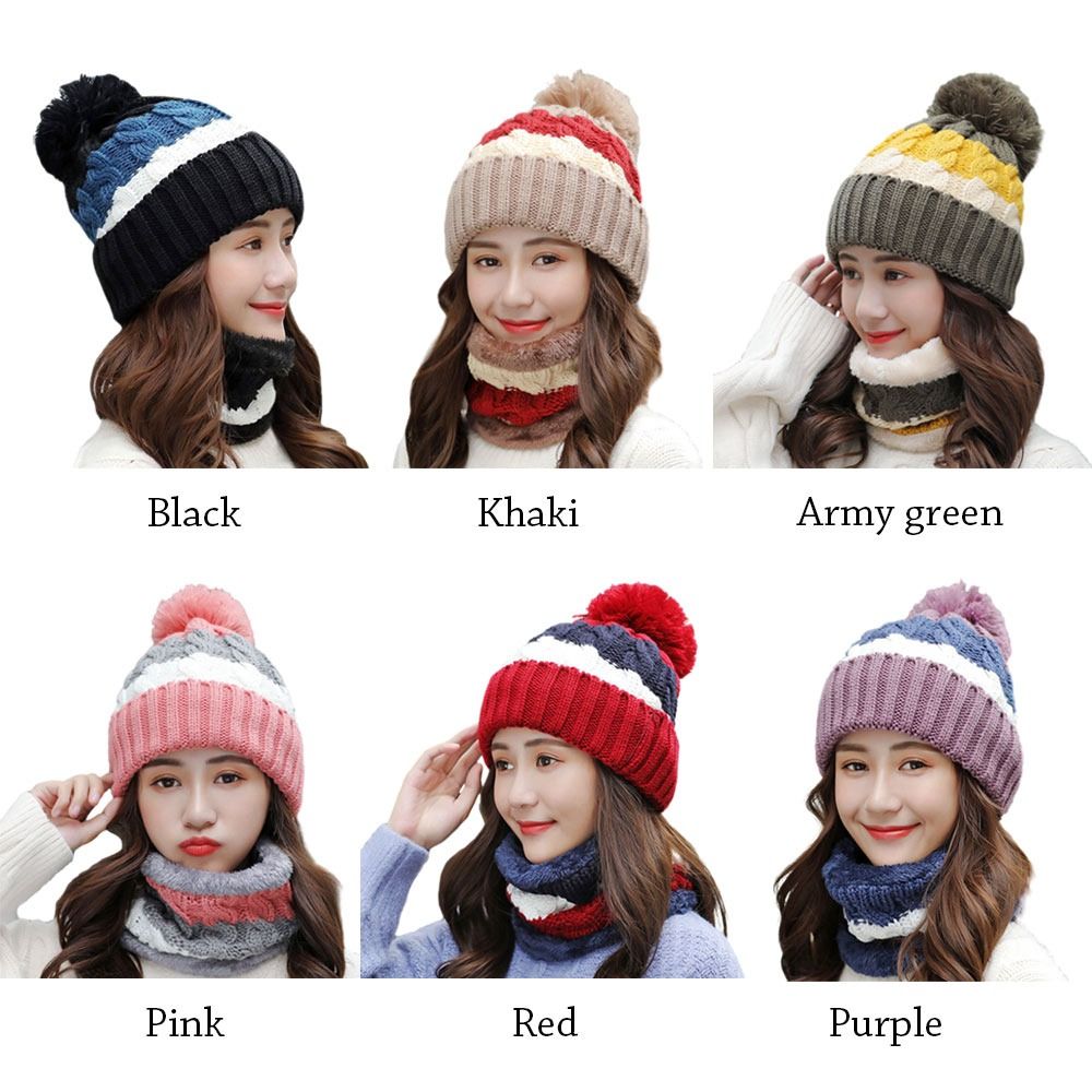 2PCS/Set Winter Warm Knitted Hat Neck Protection Windproof Beanies Hat Plush Soft Scarf Set Women
