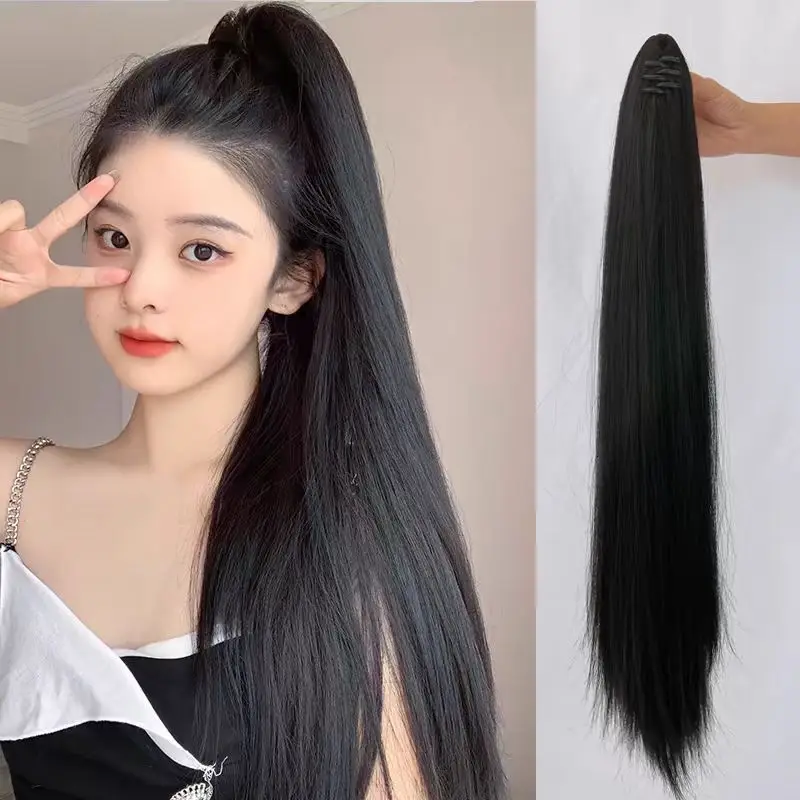 Peruca sintética, clipe de rabo de cavalo, temperamento extra longo, cabelo longo natural, rabo de cavalo ultraleve e alto, cabelo longo e liso