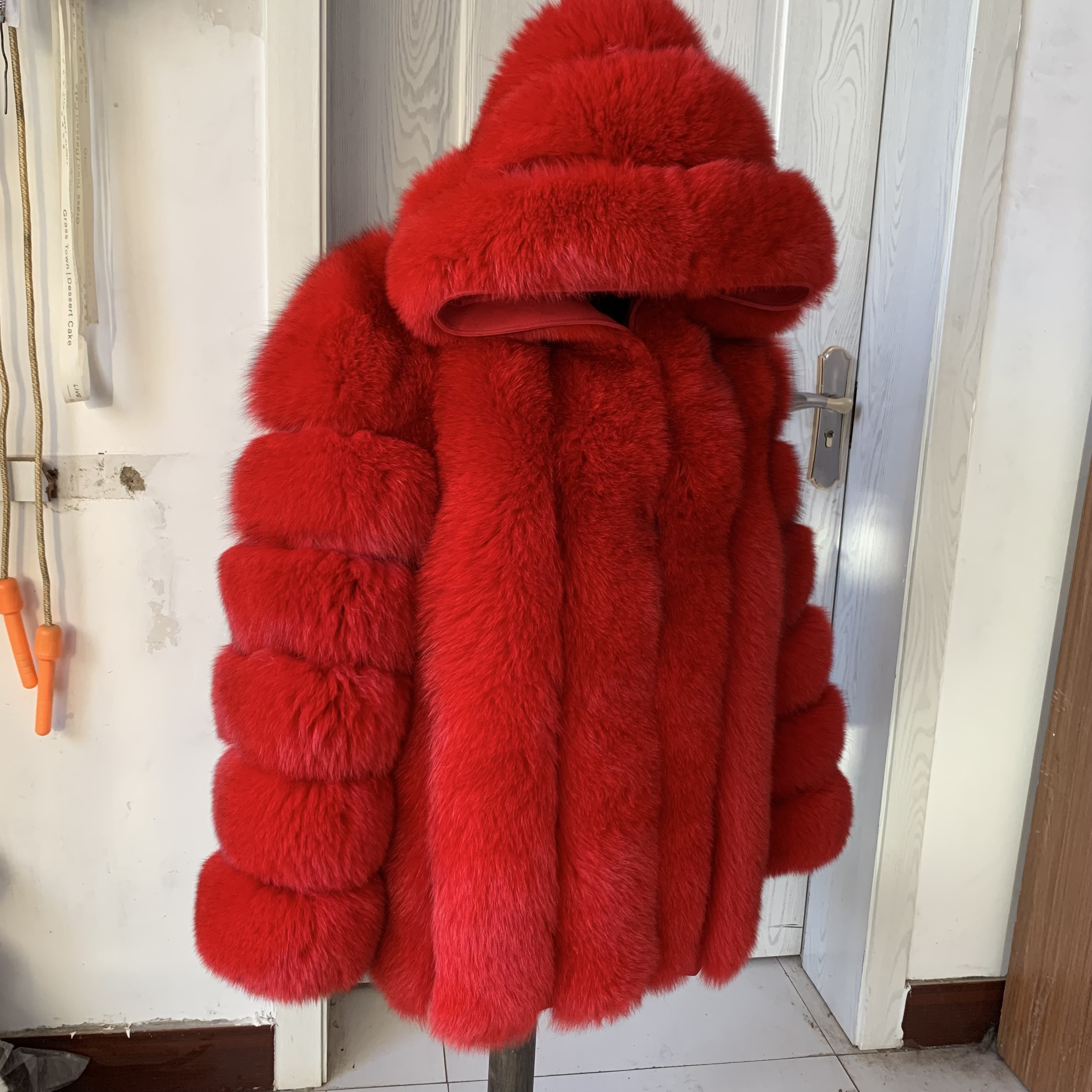 女性用フード付きトゥルーフォックスファーコート、冬の暖かいジャケット、垂直100% 天然毛皮、高品質ファッション、本物の毛皮ジャケット