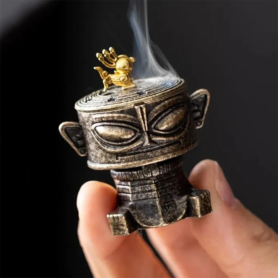 Sanxingdui 합금 향 버너 - 명상, 콘 및 코일용 미니 빈티지 홀더, 복고풍 홈 장식 선물