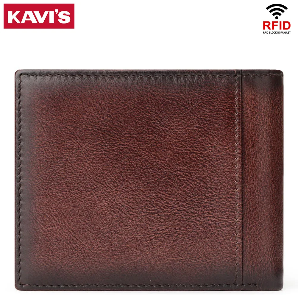 KAVIS Handmade กระเป๋าสตางค์ผู้ชายหนังแท้ RFID ผู้ถือบัตร ID หน้าต่างความจุขนาดใหญ่ชายเก็บเงินกระเป๋าแฟชั่น