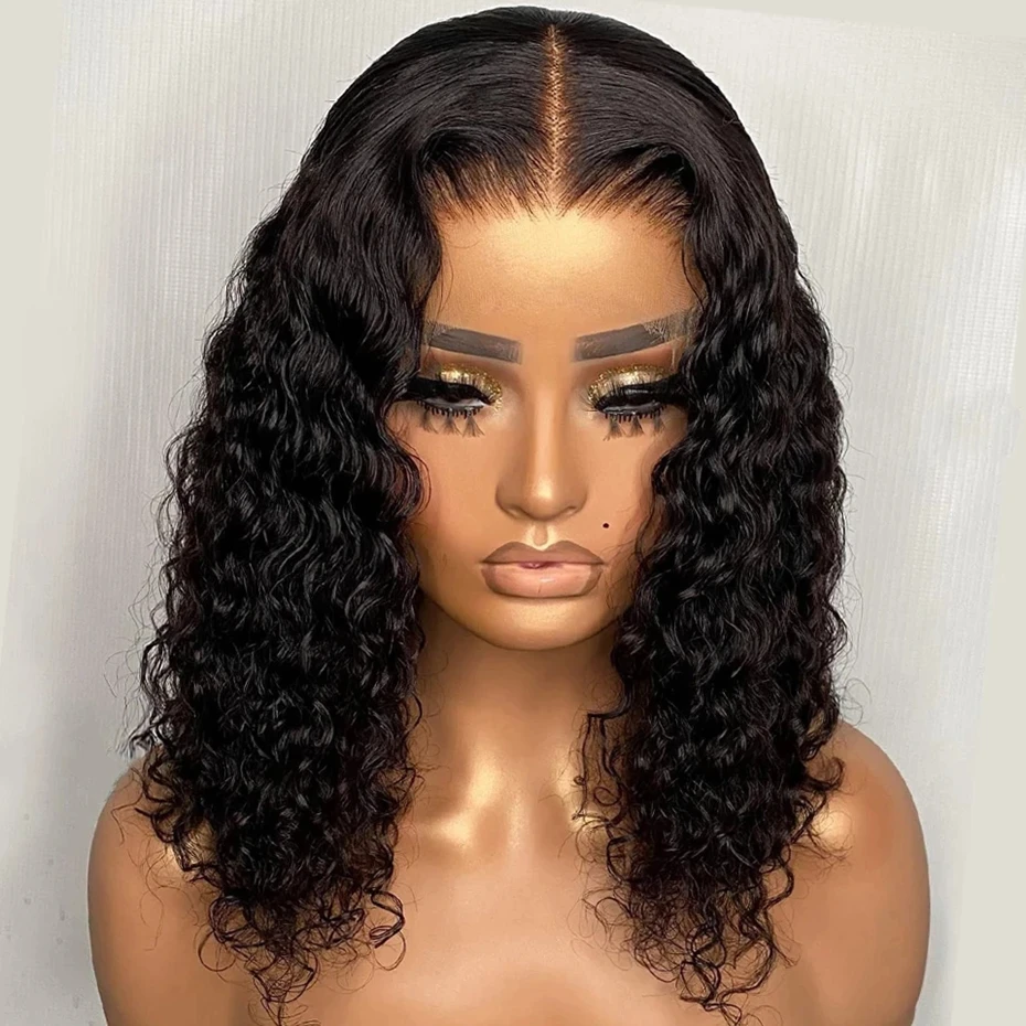 Wear And Go-pelucas Bob corto de cabello humano ondulado profundo 13x4 para mujer, peluca con malla frontal rizada sin pegamento, pronta para llevar, sin encaje