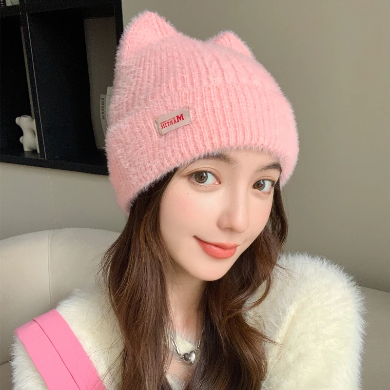 Nuevas mujeres lindo gato orejeras sombrero de invierno moda piel sintética sombrero tejido estilo Kpop gorros suaves caramelo mujer ropa de calle gorra