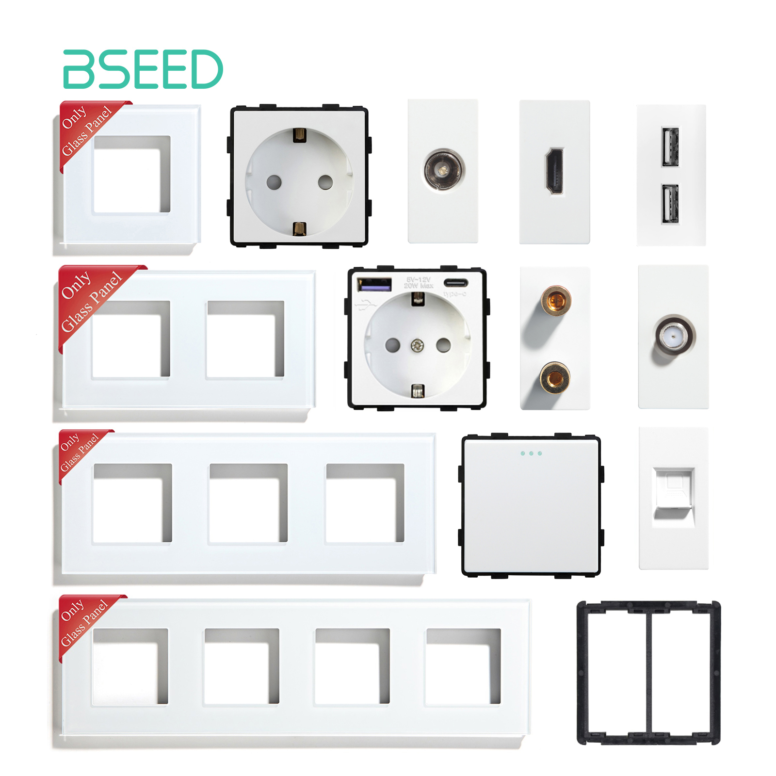 Стеклянные рамки BSEED TV/ST/USB Розетка Type-C EU Розетка CAT5 RJ45 Функциональные детали розетки HDMI 1/2-контактные механические кнопочные переключатели Часть