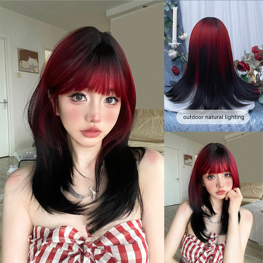 20Inch Black Red Gradient Lovely Synthetic Wigs With Bangs Medium Natural Straight Hair for Women Daily Use Party Heat Resistant