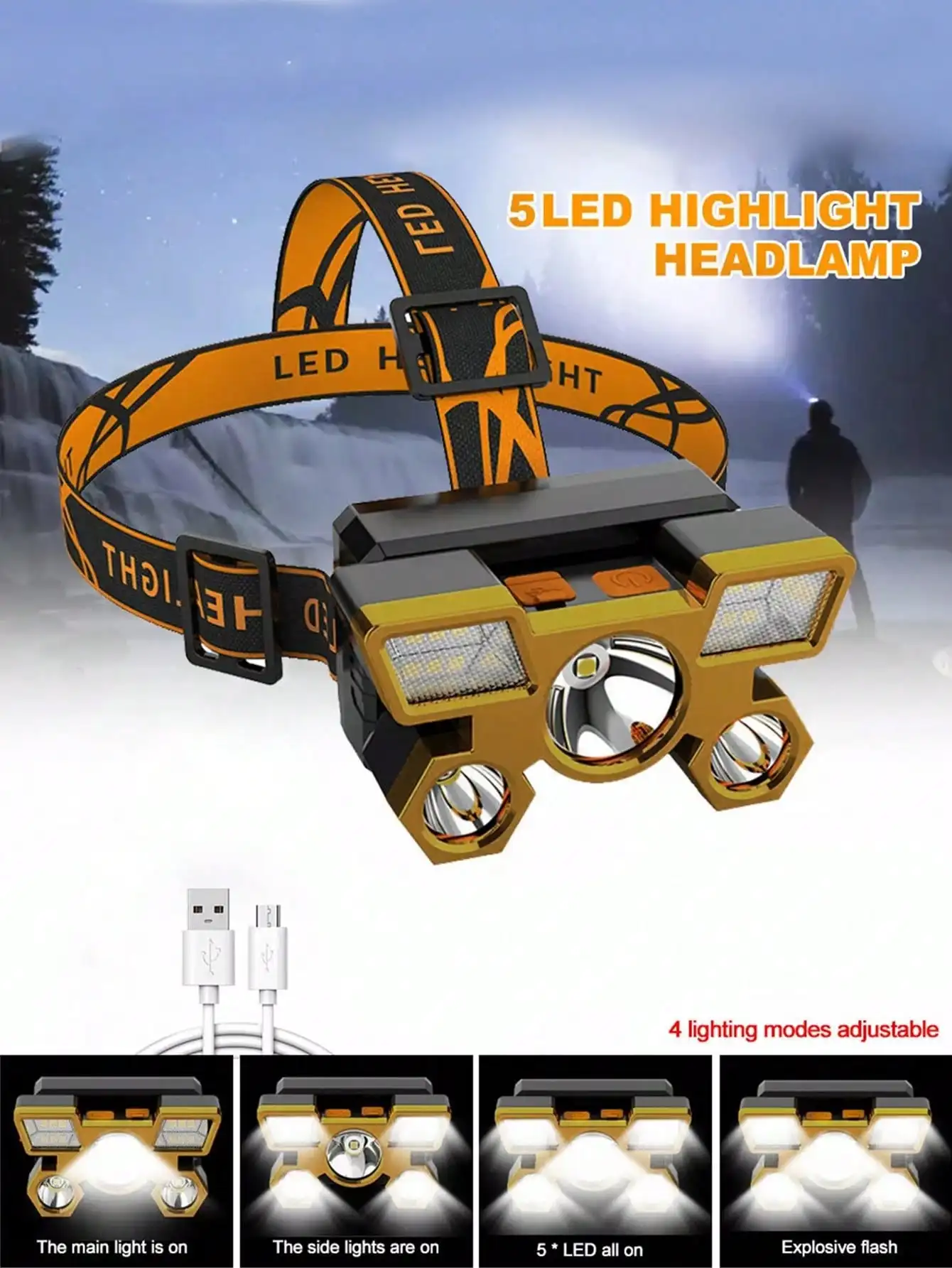 1 unidad, faro LED recargable, 5 LED, recargable por USB, adecuado para acampar al aire libre, exploración, pesca, ciclismo