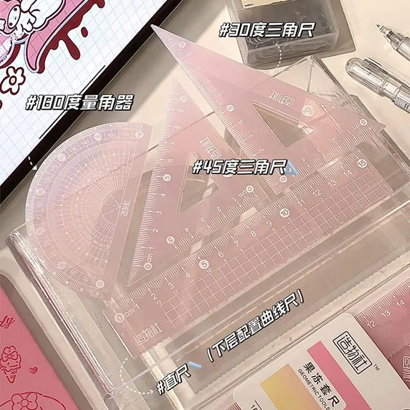 4Pcs Simple Transparent 20cm Ruler Set Student Triangle Ruler Protractor Drawing Tool Set Multi-functional Office Stationery