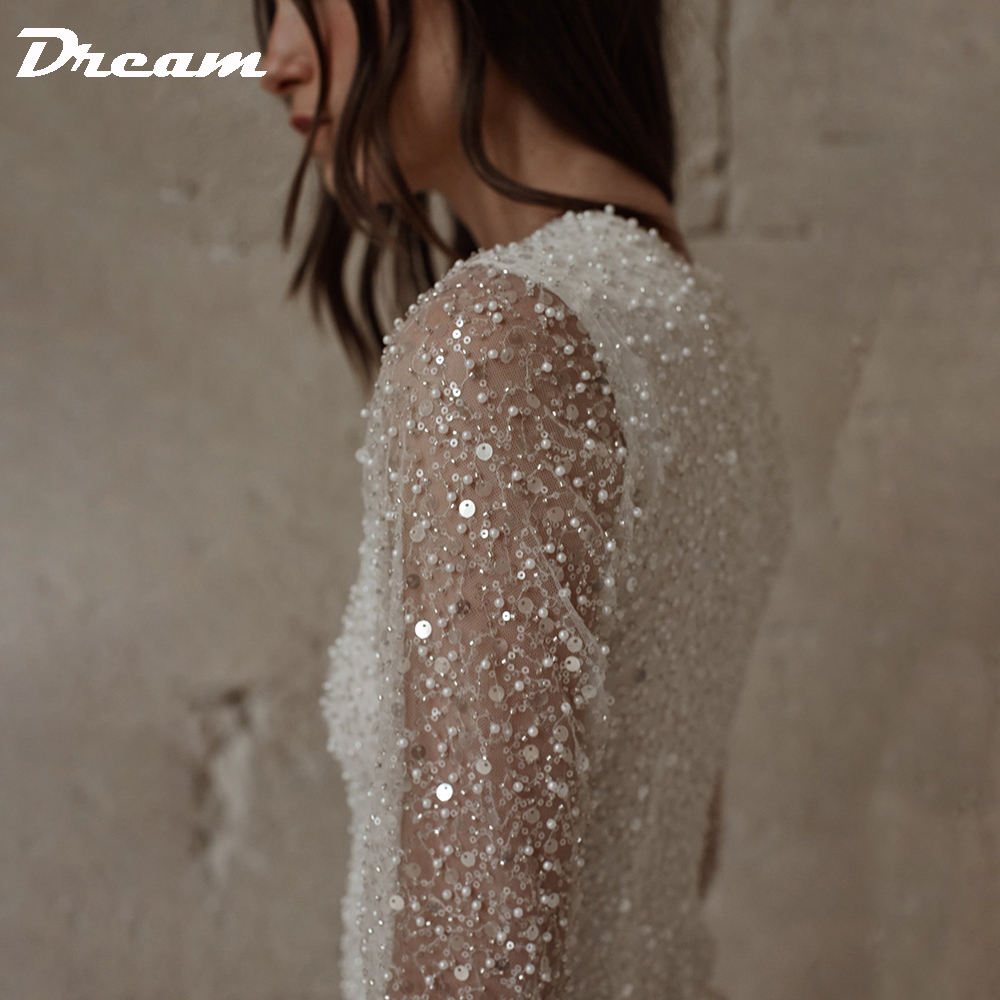 DREAM Customized Long Sleeves Sequin Short Wedding Dress For Women Above Knee Beaded Feather Mini Sheath Modern Bridal Gown 2025