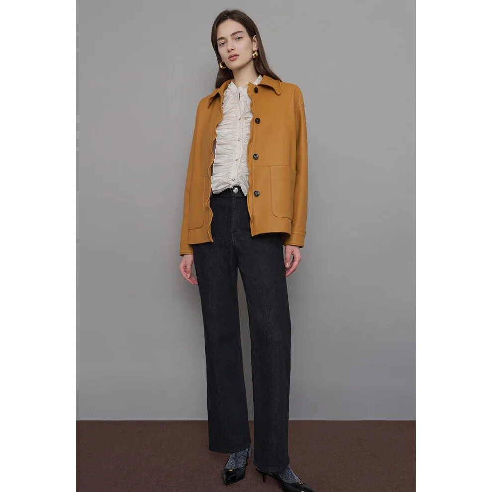 Jaqueta de Couro Sintético Estilo Commute QPP com Gola de Babados Design Emaecido Moda Fena Casaco de Manga Longa de In...