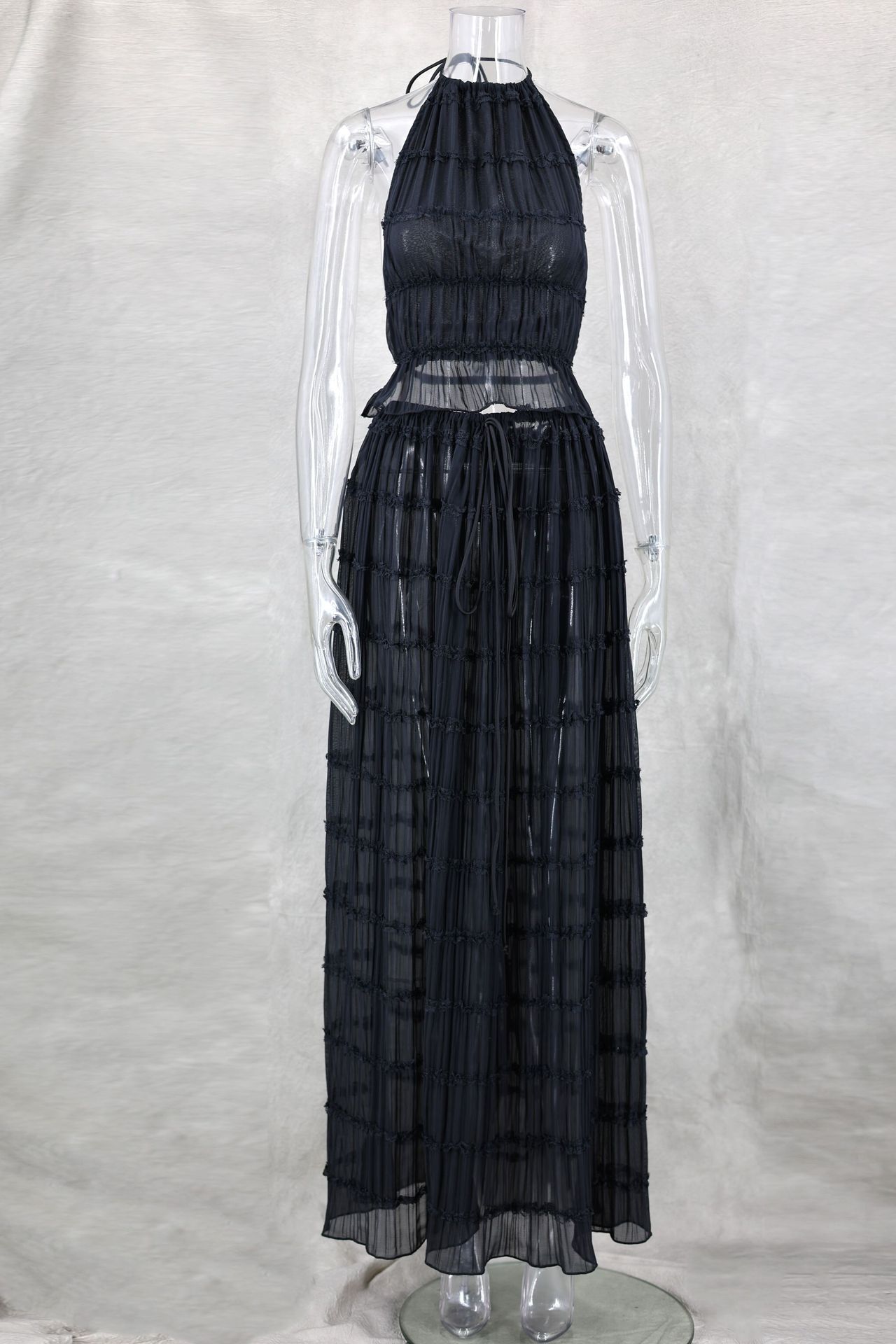 Moda sólida pendurar pescoço saia longa terno feminino sem costas estilingue topo rendas até dobrar maxi saias 2024 primavera verão feminino 2 peça conjunto