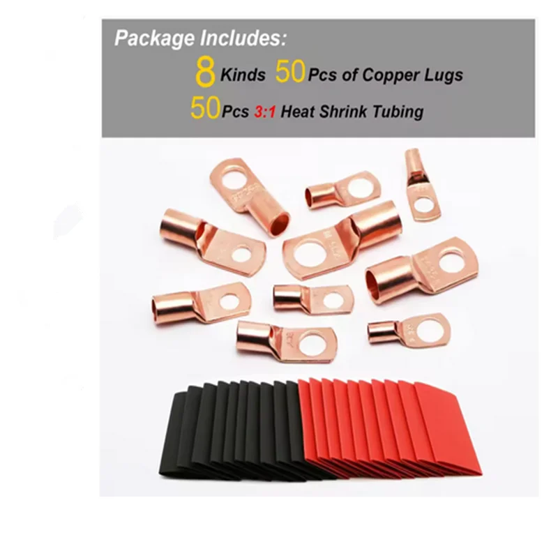 100 stuks koperen terminalconnectoren, AWG 4 6 8 10 12 ringkabelset met krimpkous 50 batterijkabelschoenen, met 50 krimpkous