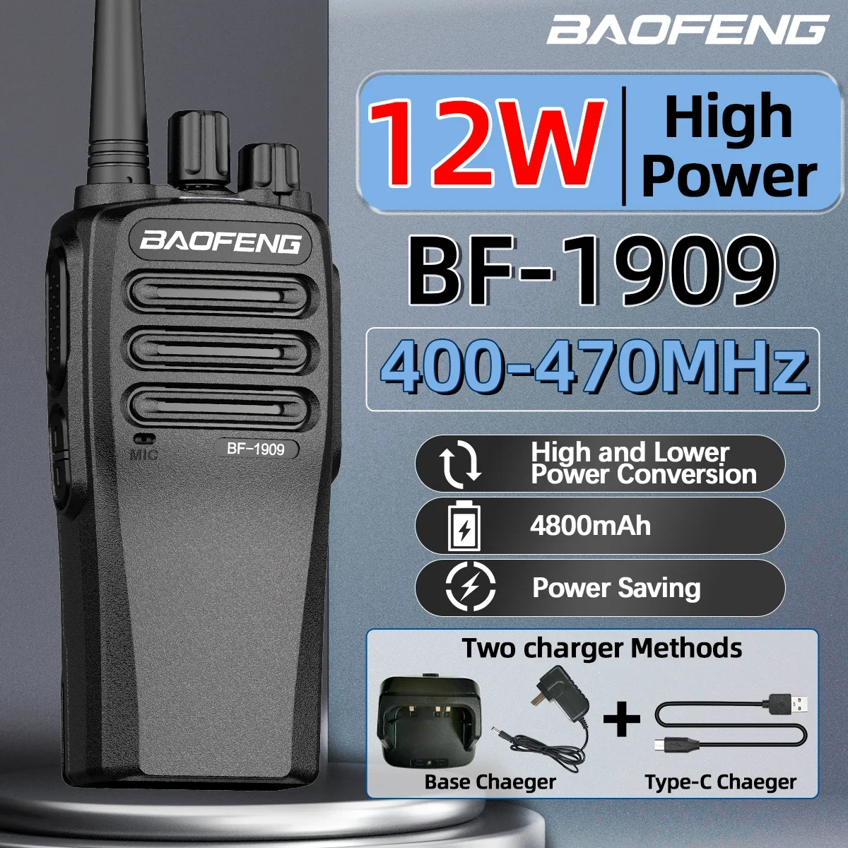 BaoFeng BF 1909 12W Walkie Talkie de alta potencia Radio bidireccional de largo alcance tipo C transmisor de carga actualización BF 888S UV 5R UV 82