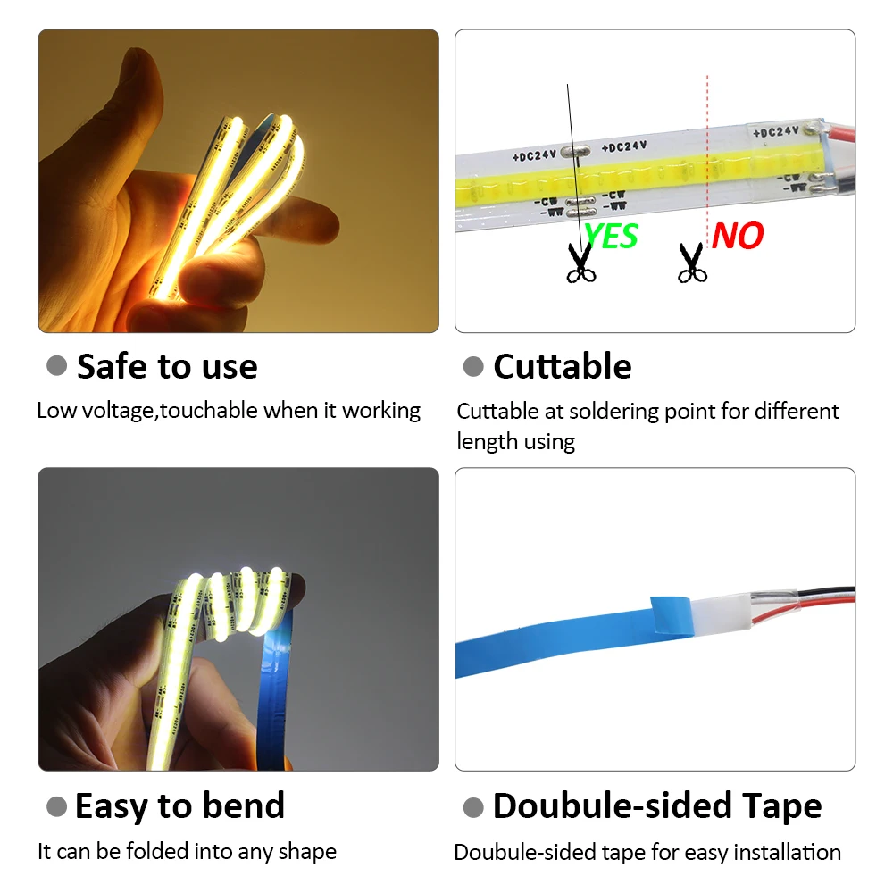 DC 24V CCT COB LED Strip Light Dimmable 608LEDs/m High Brightness RF Remote Kit Double White Flexible Tape Lamp Linear Lighting
