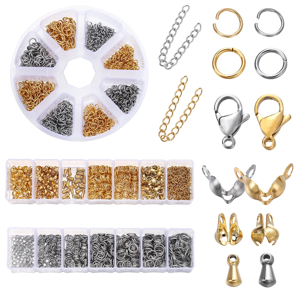 1 caja de cierres de langosta de acero inoxidable, anillos abiertos para saltar, juego de tapas de cuentas de engarce para pulsera Diy, collar, Kits de fabricación de joyas