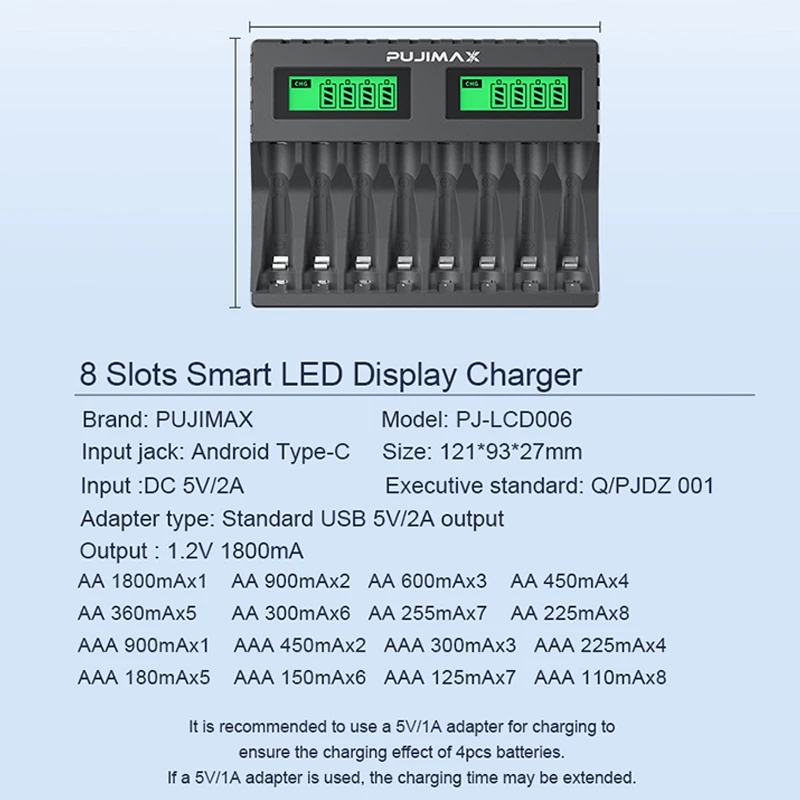 PUJIMAX 8-slot Battery Charger Suitable AAA/AA Rechargeable Battery Short Circuit Protection LED Display Ni-MH/Ni-Cd USB Charger