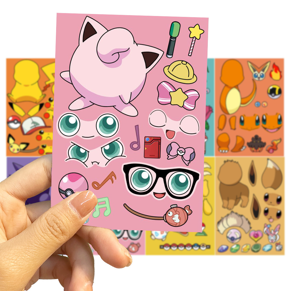 8 sztuk Pokemon zrób twarz naklejki DIY Kawaii Anime rysunek Pikachu naklejki wyrażenie naklejki śmieszne Puzzle zabawki edukacyjne dla dzieci