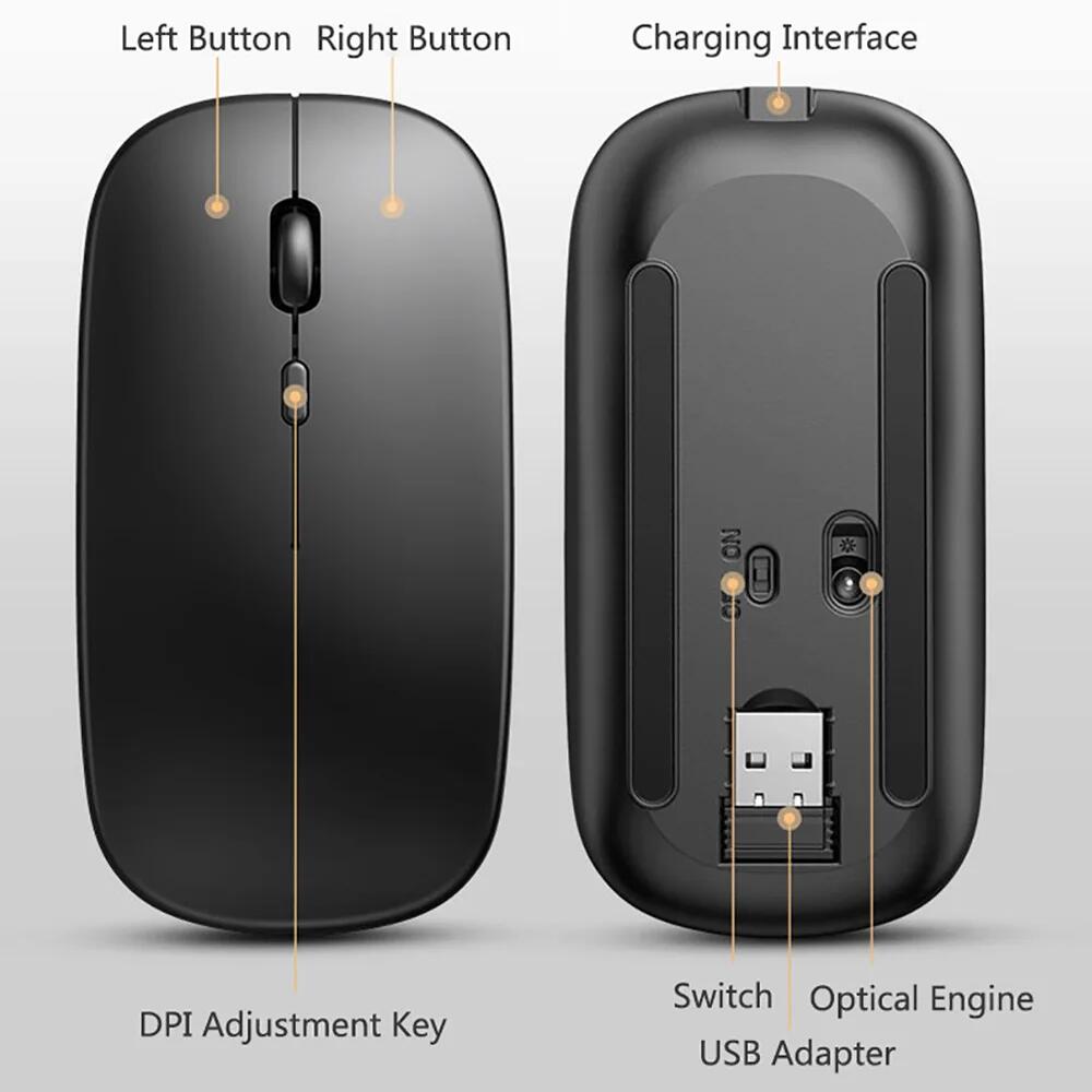 Mouse sem fio Bluetooth, USB Optical, Recarregável, Computador, Laptop, PC, Macbook Gaming, Gamer, Novo, 2.4GHz, 1600DPI