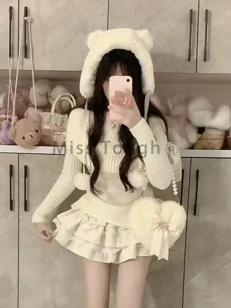Conjunto de 2 piezas ajustado elástico para mujer, Tops de manga larga con lazo liso y falda corta con volantes finos de cintura alta para invierno