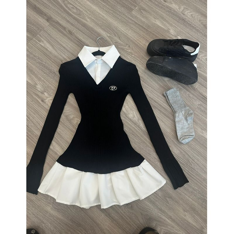 Herbst American Vintage Hemd Plissee Kleider Frauen Kleidung Slim Fit Polo Neck Langarm Wolle Schwarz Kurze Party Kleid Koreanische